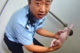 Bức ảnh chụp lại khoảnh khắc Qian Feng cứu bé gái. (Nguồn: AFP)