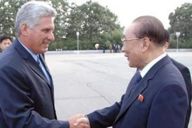 Phó chủ tịch thứ nhất Cuba Miguel Diaz Canel bắt tay Chủ tịch Quốc hội Triều Tiên Kim Yong Nam. (Nguồn: KCNA)
