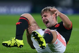 Luke Shaw bị gãy chân sau pha phạm lỗi. (Nguồn: DM)