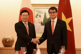Phó Thủ tướng, Bộ trưởng Ngoại giao Phạm Bình Minh hội đàm với Bộ trưởng ngoại giao Nhật Bản Taro Kono. (Ảnh: TTXVN phát)