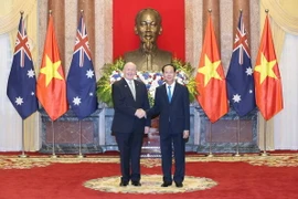 Chủ tịch nước Trần Đại Quang chụp ảnh chung với Toàn quyền Australia Peter Cosgrove trước khi bước vào hội đàm. (Ảnh: Nhan Sáng/TTXVN)