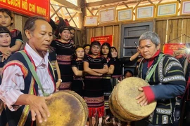 Trình diễn trống đôi đồng bào Ba Na ở huyện Đồng Xuân, (Phú Yên. (Ảnh: TTXVN phát)