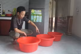 Gia đình anh Lê Văn Hiến ở thôn Tuyên Hóa, xã Đông Khê (huyện Đông Sơn) phải dùng 3 cái chậu để hứng nước mưa do thấm dột trần nhà. (Ảnh: Hoa Mai/TTXVN)