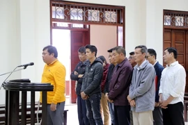Các bị cáo trong vụ án buôn lậu 7.700 tấn dầu diezel qua biên giới trước vành móng ngựa tại phiên tòa. (Ảnh: Trung Nguyên/TTXVN)