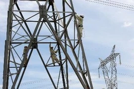 Các công nhân đang kiểm tra, khắc phục sự cố đường dây điện. (Ảnh: TTXVN)