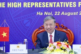 Đại tướng Tô Lâm, Bộ trưởng Bộ Công an dự Hội nghị tham vấn Lãnh đạo cấp cao an ninh ASEAN-Nga lần thứ 2 tại điểm cầu Hà Nội. (Ảnh: Phạm Kiên/TTXVN)