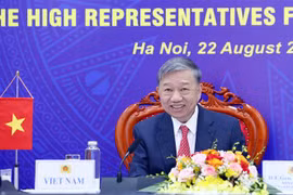 Đại tướng Tô Lâm, Bộ trưởng Bộ Công an dự Hội nghị tham vấn Lãnh đạo cấp cao an ninh ASEAN-Nga lần thứ 2 tại điểm cầu Hà Nội. (Ảnh: Phạm Kiên/TTXVN)