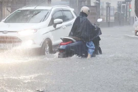 Mưa lớn gây ngập úng cục bộ nhiều tuyến phố chính ở thành phố Thái Bình, gây khó khăn, nguy hiểm cho người và phương tiện tham gia giao thông. (Ảnh: Nguyễn Công Hải/TTXVN)