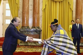 Chủ tịch nước Nguyễn Xuân Phúc tiếp nhận Quốc thư của Đại sứ Đặc mệnh toàn quyền Cộng hòa Nam Phi Vuyiswa Tulelo. (Ảnh: Thống Nhất/TTXVN)