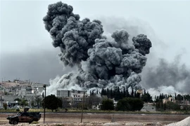 Khói bốc lên sau một cuộc không kích xuống thị trấn Ain al-Arab của Syria, giáp giới với tỉnh Sanliurfa, Thổ Nhĩ Kỳ. (Ảnh: AFP/TTXVN)