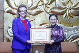 Chủ tịch Liên hiệp các tổ chức hữu nghị Việt Nam Nguyễn Phương Nga trao Kỷ niệm chương cho Trưởng đại diện Thường trú Chương trình phát triển Liên hợp quốc (UNDP) tại Việt Nam Caitlin Wiesen. (Ảnh: An Đăng/TTXVN)