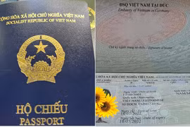 Cuốn hộ chiếu kiểu mới (màu xanh tím than) so với các cuốn hộ chiếu cũ màu xanh. (Ảnh: Mạnh Hùng/TTXVN)