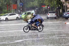 Mưa lớn tại Hà Nội do ảnh hưởng của hoàn lưu bão số 3. (Ảnh: Tuấn Đức/TTXVN)