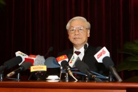 Tổng Bí thư Nguyễn Phú Trọng phát biểu bế mạc Hội nghị. (Ảnh: Trí Dũng/TTXVN)