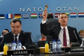 Tổng thư ký NATO Jens Stoltenberg (phải) và Bộ trưởng Quốc phòng Ukraine Stepan Poltorak (trái) trong một cuộc họp. (Nguồn: AFP/TTXVN)