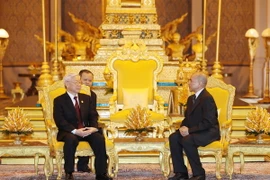 Tổng bí thư Nguyễn Phú Trọng hội đàm với Quốc vương Norodom Sihamoni. (Ảnh: Trí Dũng/TTXVN)