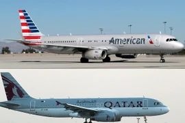 Máy bay của hãng hàng không American Airlines (ảnh trên) tại sân bay McCarran ở Las Vegas, Nevada, Mỹ và máy bay của hãng Qatar Airways (ảnh dưới) tại sân bay Hamad ở Doha, Qatar, ngày 12/6. (Nguồn: AFP/TTXVN)