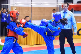 Pha ra đòn ghi điểm của vận động viên Phạm Thị Kiều Giang (Việt Nam) trong trận chung kết. (Ảnh: Tuấn Anh/TTXVN)
