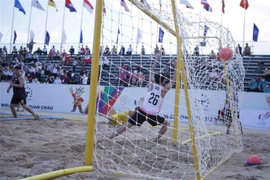 Pha tấn công ghi điểm của đội tuyển Việt Nam vào lưới của đội tuyển Singapore. (Ảnh: Quý Trung/TTXVN)