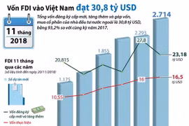 Tổng vốn FDI vào Việt Nam trong 11 tháng đạt 30,8 tỷ USD