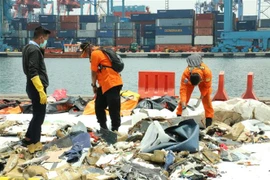 Các nhân viên của Cơ quan Tìm kiếm cứu nạn quốc gia Indonesia đang tìm những vật dụng phục vụ phân tích vụ việc. (Ảnh: Đỗ Quyên/TTXVN)