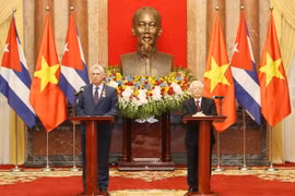 Tổng Bí thư, Chủ tịch nước Nguyễn Phú Trọng và Chủ tịch Hội đồng Nhà nước và Hội đồng Bộ trưởng Cuba Miguel Diaz Canel gặp gỡ báo chí. (Ảnh: Trí Dũng/TTXVN)