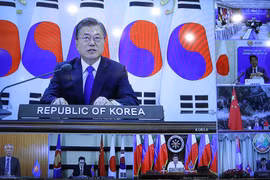 Tổng thống Hàn Quốc Moon Jae-in phát biểu. (Ảnh: Thống Nhất/TTXVN)