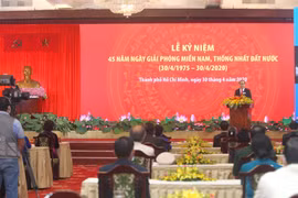 Quang cảnh lễ kỷ niệm 45 năm Ngày Giải phóng miền Nam, thống nhất đất nước (30/4/1975-30/4/2020) tại Hội trường Thống Nhất, Thành phố Hồ Chí Minh. (Ảnh: Thanh Vũ/TTXVN)