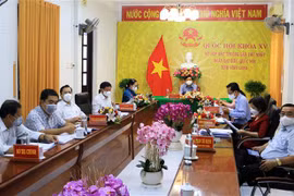 Đoàn đại biểu Quốc hội tỉnh Vĩnh Long dự phiên thảo luận trực tuyến. (Ảnh: Phạm Minh Tuấn/TTXVN)