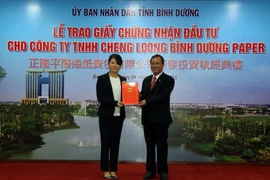 Ông Trần Văn Nam, Bí thư Tỉnh ủy, Chủ tịch Ủy ban Nhân dân tỉnh Bình Dương trao giấy chứng nhận đầu tư lãnh đạo Tập đoàn Cheng Long. (Ảnh: Quách Lắm/Vietnam+)