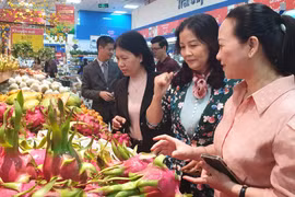 Lãnh đạo Sở Công Thương Hà Nội kiểm tra công tác phục vụ hàng Tết tại siêu thị. (Ảnh: Đức Duy/Vietnam+)