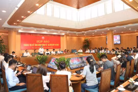 Họp báo tình hình kinh tế-xã hội quý 2/2023 do Ủy ban Nhân dân Hà Nội tổ chức chiều 30/6. (Ảnh: Xuân Quảng/Vietnam+)
