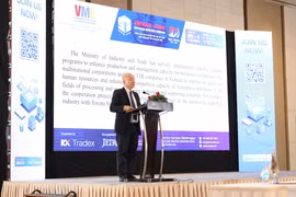 Ông Vũ Bá Phúc, Cục trưởng Cục Xúc tiến Thương mại phát biểu tại buổi họp giới thiệu triển lãm VME 2023 và SIE tại Hà Nội. (Ảnh: Đức Duy/Vietnam+)