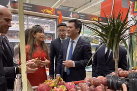 Bộ trưởng Bộ Công Thương Nguyễn Hồng Diên giới thiệu trái cây Việt Nam với khách hàng tham dự sự kiện Tuần hàng Việt Nam tại hệ thống siêu thị Carrefour của Pháp, ngày 4/11/2021. (Ảnh: Nguyễn Thu Hà/TTXVN)