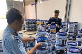 Lực lượng Quản lý Thị trường kiểm tra việc chấp hành pháp luật trong hoạt động kinh doanh hàng hóa, dịch vụ đối với Công ty Cổ phần sơn Bostik Việt Nam tại địa chỉ Xóm 2, xã Chương Dương, huyện Thường Tín, Hà Nội. (Ảnh: PV/Vietnam+)