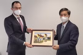 Thứ trưởng Bộ Tư pháp Nguyễn Khánh Ngọc làm việc với đại diện Bộ Tư pháp và Cảnh sát liên bang Thụy Sĩ, ông Niklaus Meier, Vụ trưởng Vụ Tư pháp quốc tế. (Ảnh: TTXVN phát) 