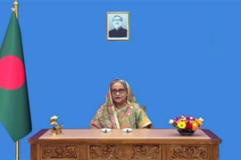 Thủ tướng Bangladesh Sheikh Hasina trong bài phát biểu ghi hình sẵn. (Ảnh: Đào Thanh Tùng/TTXVN) 