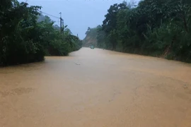 KM 377+300 Quốc lộ 32 tại huyện Tân Uyên, tỉnh Lai Châu bị ngập do mưa lớn. (Ảnh: TTXVN phát) 