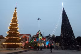 Hai cây thông Noel cỡ lớn được trang hoàng tại Vương cung thánh đường Đức Mẹ Phú Nhai (xã Xuân Phương, huyện Xuân Trường). (Ảnh: Văn Đạt/TTXVN) 
