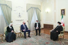 Tổng thống Iran Ebrahim Raisi (phải) trong cuộc gặp Bộ trưởng Ngoại giao và Quốc phòng Ireland Simon Coveney (thứ 2, trái) ở Tehran ngày 14/2/2022. (Ảnh: IRNA/TTXVN) 
