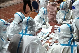 Cán bộ y tế lấy mẫu xét nghiệm test nhanh tại Hà Giang. (Ảnh: Minh Tâm/TTXVN) 