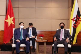 Thủ tướng Phạm Minh Chính chào xã giao Quốc vương Brunei Haji Hassanal Bolkiah, Chủ tịch ASEAN 2021. (Ảnh: Dương Giang/TTXVN) 