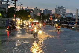 Nước ngập trên đường Trần Xuân Soạn, Quận 7, Thành phố Hồ Chí Minh. (Ảnh: Hồng Giang/TTXVN)