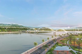 Công trình cầu Giới Phiên bắc qua sông Hồng trên địa bàn thành phố Yên Bái có tổng mức đầu tư 650 tỷ đồng, dự kiến hoàn thành vào năm 2024. (Ảnh: TTXVN) 