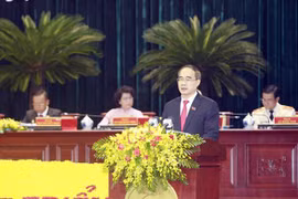 Ủy viên Bộ Chính trị, Bí thư Thành ủy Thành phố Hồ Chí Minh Nguyễn Thiện Nhân phát biểu khai mạc Đại hội đại biểu Đảng bộ Thành phố Hồ Chí Minh khóa XI, nhiệm kỳ 2020-2025. (Ảnh: Thanh Vũ/TTXVN) 