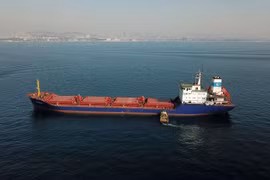 Tàu chở ngũ cốc di chuyển dọc Eo biển Bosphorus ở Istanbul, Thổ Nhĩ Kỳ. (Ảnh: AFP/TTXVN)