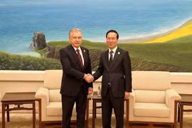 Chủ tịch nước Võ Văn Thưởng và Tổng thống Cộng hòa Uzbekistan Shavkat Mirziyoyev trong cuộc gặp tại Bắc Kinh (Trung Quốc) ngày 17/10/2023. (Ảnh: TTXVN phát) 