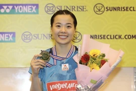 Tuyển thủ Quốc gia Nguyễn Thùy Linh giành ngôi vô địch Giải Cầu lông Vietnam Open 2023. (Ảnh: Thanh Vũ/TTXVN)