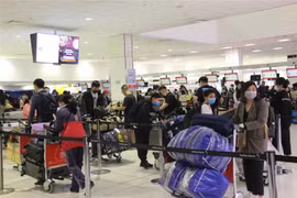 Công dân Việt Nam xếp hàng làm thủ tục lên máy bay của Vietnam Airlines tại sân bay quốc tế Sydney để khởi hành về nước, ngày 3/7/2020. (Ảnh: Nguyễn Minh/TTXVN) 