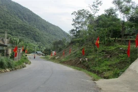 Cờ Tổ quốc được treo khắp tuyến đường xã Pù Nhi, huyện biên giới Mường Lát để chào mừng ngày bầu cử. (Ảnh: Nguyễn Nam/TTXVN) 